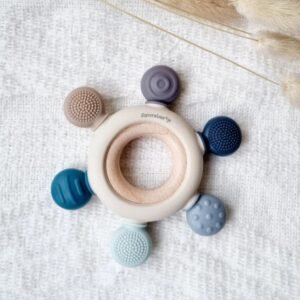 Rammelaartje - Multicolor Blauw Siliconen Bijtring Met Beukenhouten ring